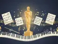 Estatuilla dorada rodeada de partituras, notas musicales, un piano, carretes de película y una batuta. Celebrando a los oscar a la mejor banda sonora ganadores y nominados.