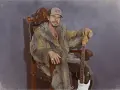 Luis Brea, con gorra y abrigo de piel, sentado en un trono con una guitarra.