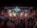 Multitud en concierto bajo luces y humo, con cartel de "Venice Bay" y "Sonorama Ibiza".