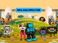 Personajes icónicos de los 90, como un teléfono rojo y una consola portátil, celebran en un festival. ¡Qué felices éramos sin saberlo! Molanlos90.com.