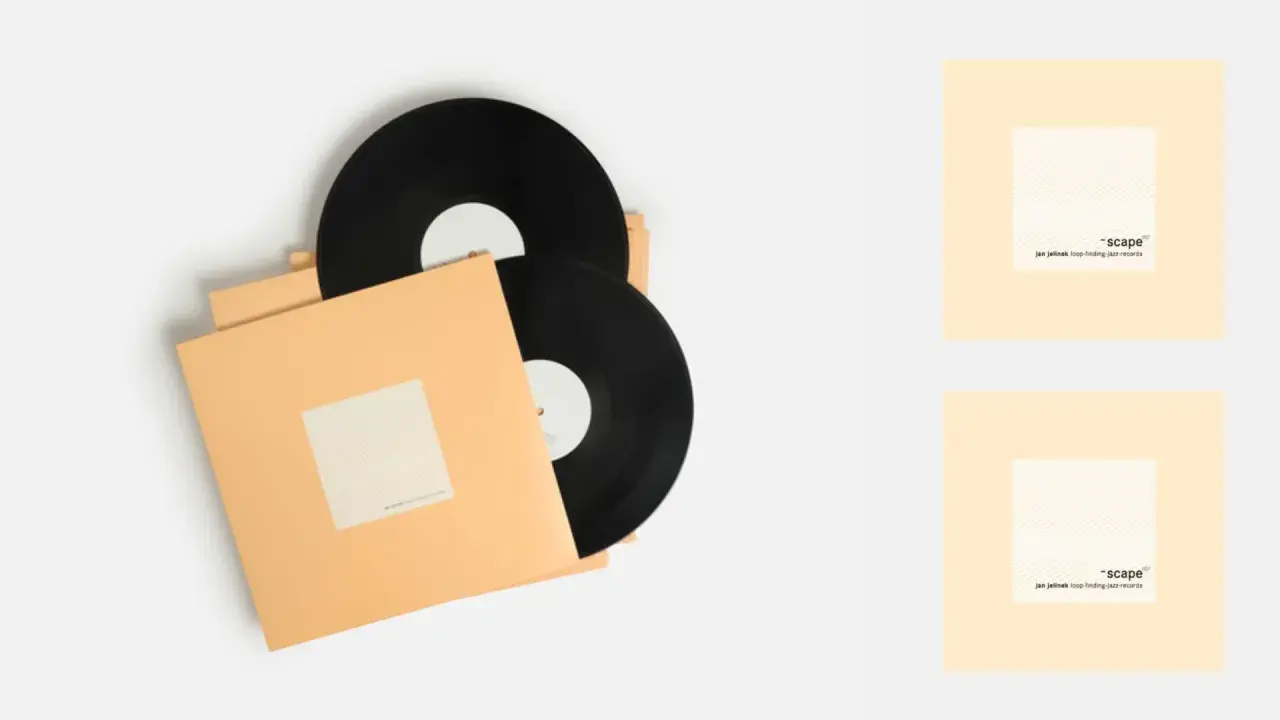 Dos discos de vinilo negros en fundas naranjas. El arte de portada muestra "-scape" y "jan jelinek loop-finding-jazz-records".