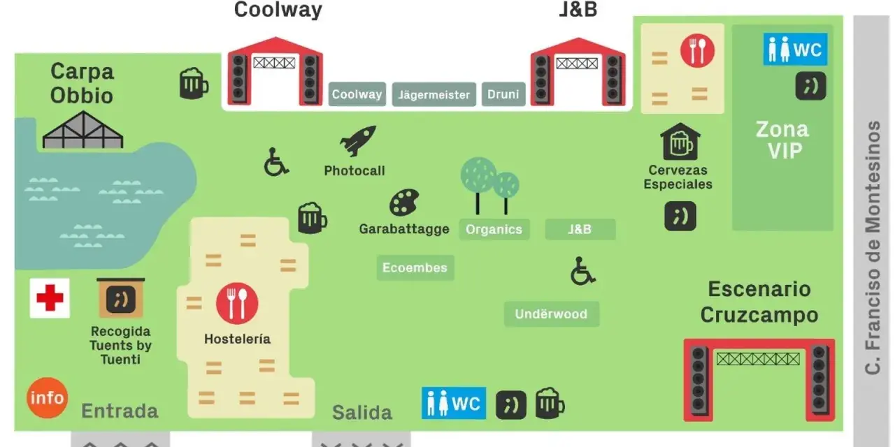 Mapa de un festival con escenarios, zona VIP, hostelería, photocall y un cartel interestelar que indica la entrada.