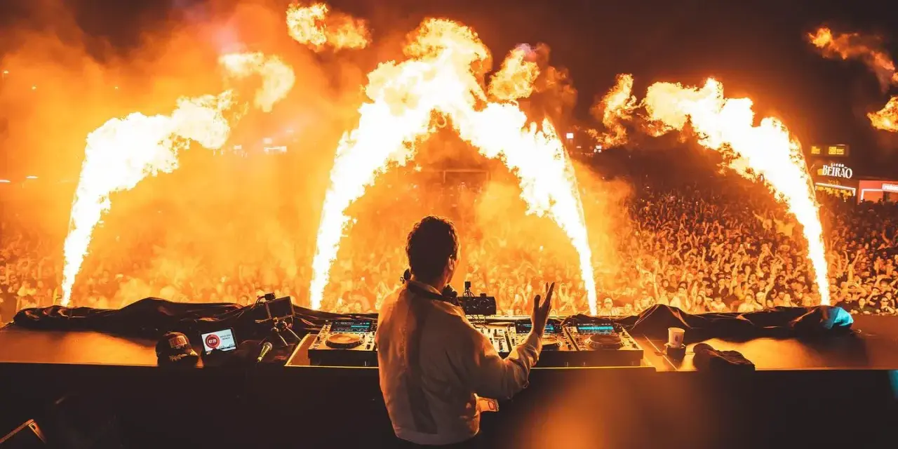 DJ enciende la fiesta en una **nova era beach party** con llamas y una multitud eufórica.