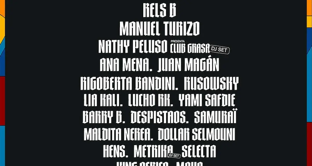 Cartel de festival con nombres de artistas como Rels B, Manuel Turizo y Nathy Peluso. ¡Prepárate para un big sound Valencia!