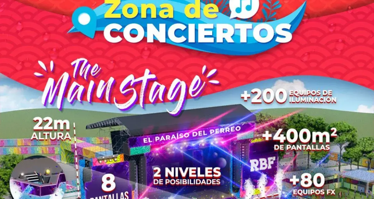 El cartel anuncia la Zona de Conciertos del Reggaeton Beach Festival Madrid, destacando "The Main Stage" con 22m de altura, pantallas, iluminación y efectos.