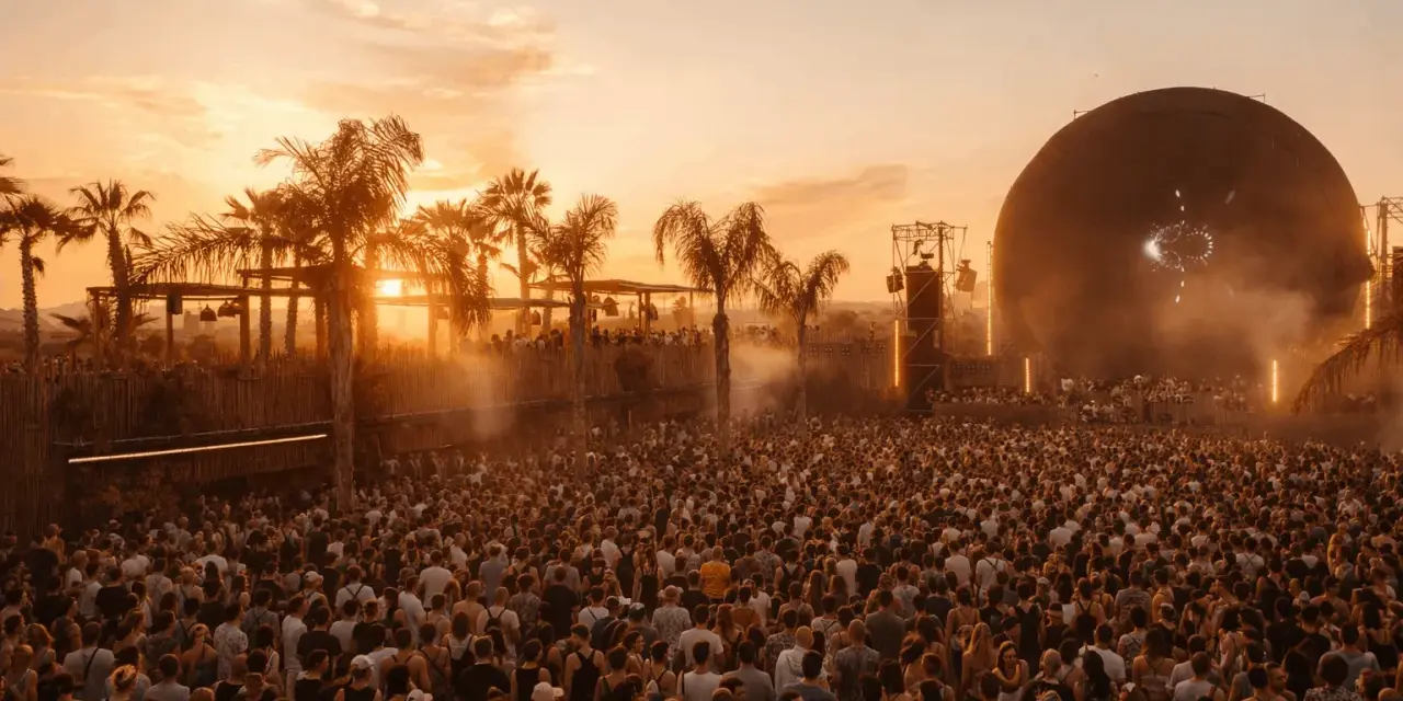 Multitud en el festival Sophie, disfrutando del atardecer con palmeras y una gran esfera como escenario.