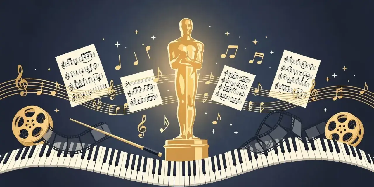Estatuilla dorada rodeada de partituras, notas musicales, un piano, carretes de película y una batuta. Celebrando a los oscar a la mejor banda sonora ganadores y nominados.