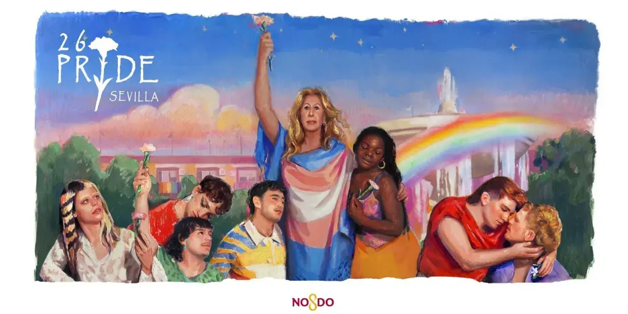 Cartel del alameda festival Pride Sevilla 2024. Diversas personas celebran con flores y banderas, unidas bajo un arcoíris.