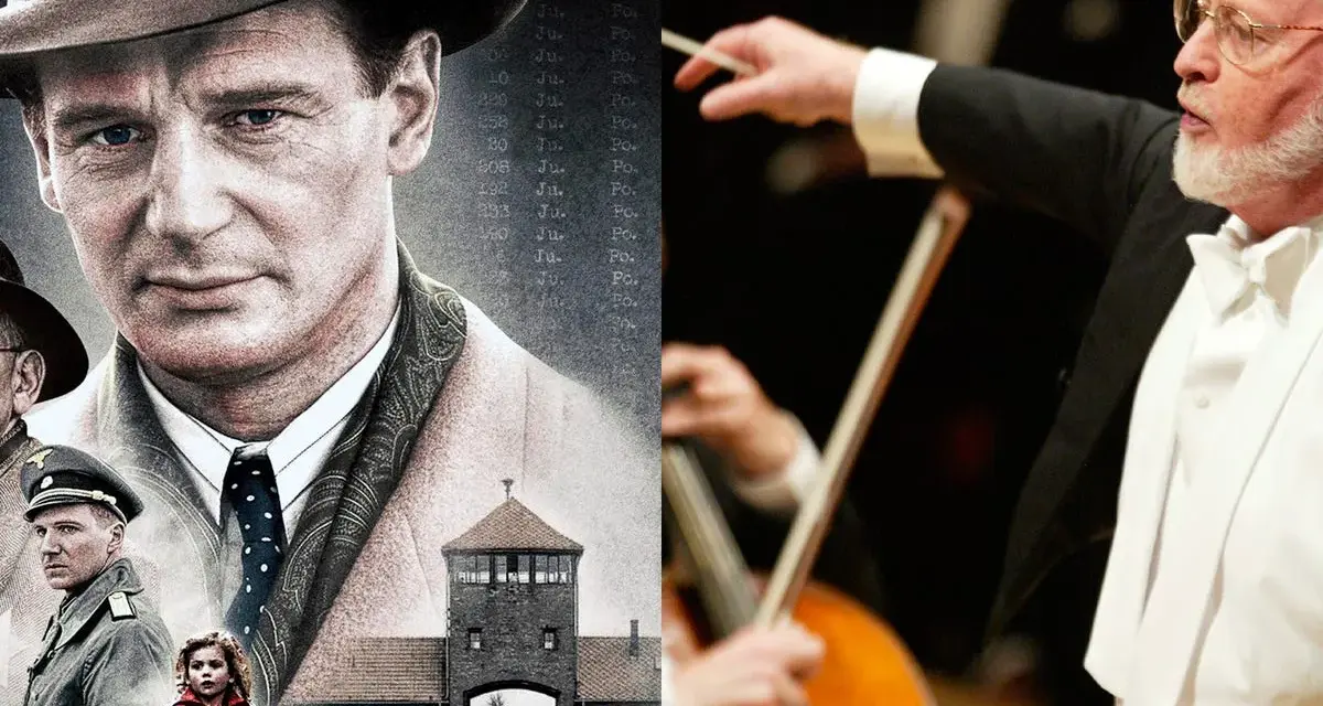 Liam Neeson como Oskar Schindler, una niña con abrigo rojo y la puerta de Auschwitz, junto a John Williams dirigiendo la banda sonora de La Lista de Schindler.