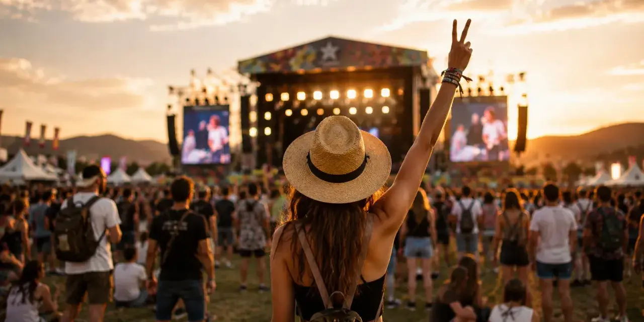 Una chica con sombrero levanta la mano en señal de paz en un festival al atardecer. La multitud disfruta de la música bajo el cielo dorado.