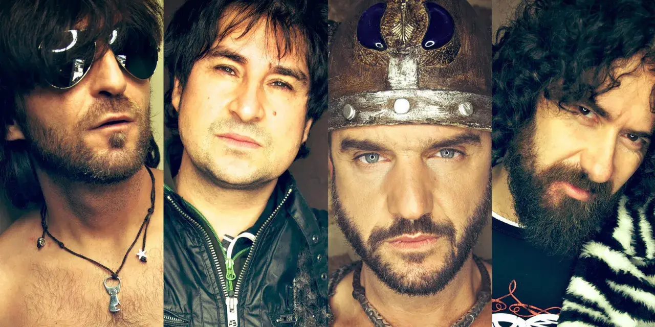 Miembros de Herdeiros da Crus: cuatro hombres con miradas intensas, uno con casco vikingo, otro con gafas de sol, y dos con cabello rizado y barba.