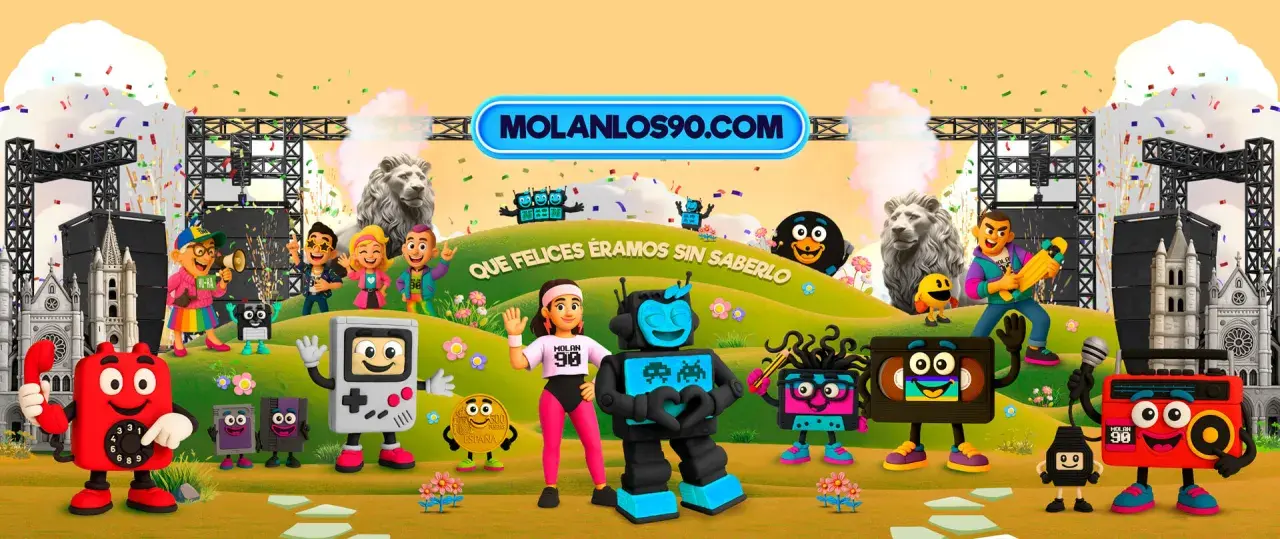 Personajes icónicos de los 90, como un teléfono rojo y una consola portátil, celebran en un festival. ¡Qué felices éramos sin saberlo! Molanlos90.com.