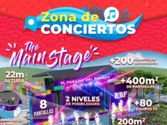 El cartel anuncia la Zona de Conciertos del Reggaeton Beach Festival Madrid, destacando "The Main Stage" con 22m de altura, pantallas, iluminación y efectos.