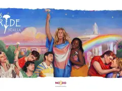 Cartel del alameda festival Pride Sevilla 2024. Diversas personas celebran con flores y banderas, unidas bajo un arcoíris.