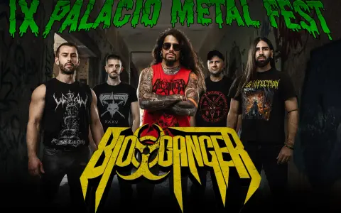 Cinco músicos posan frente a un fondo de graffiti para el IX Palacio Metal Fest. El logo de "Biohazard" destaca en amarillo.