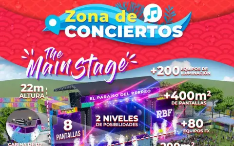 El cartel anuncia la Zona de Conciertos del Reggaeton Beach Festival Madrid, destacando "The Main Stage" con 22m de altura, pantallas, iluminación y efectos.