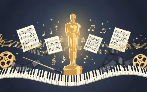 Estatuilla dorada rodeada de partituras, notas musicales, un piano, carretes de película y una batuta. Celebrando a los oscar a la mejor banda sonora ganadores y nominados.