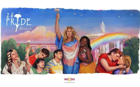 Cartel del alameda festival Pride Sevilla 2024. Diversas personas celebran con flores y banderas, unidas bajo un arcoíris.