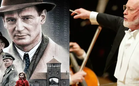 Liam Neeson como Oskar Schindler, una niña con abrigo rojo y la puerta de Auschwitz, junto a John Williams dirigiendo la banda sonora de La Lista de Schindler.