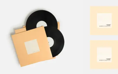 Dos discos de vinilo negros en fundas naranjas. El arte de portada muestra "-scape" y "jan jelinek loop-finding-jazz-records".