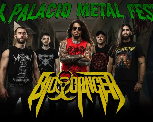 Cinco músicos posan frente a un fondo de graffiti para el IX Palacio Metal Fest. El logo de "Biohazard" destaca en amarillo.