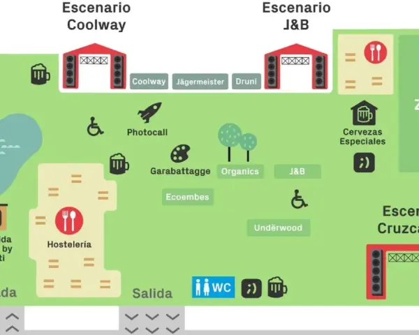 Mapa de un festival con escenarios, zona VIP, hostelería, photocall y un cartel interestelar que indica la entrada.