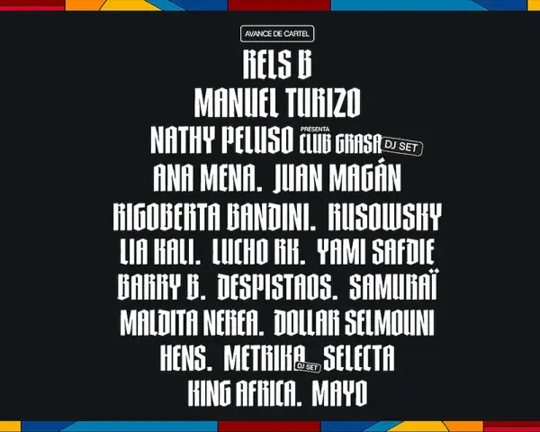 Cartel de festival con nombres de artistas como Rels B, Manuel Turizo y Nathy Peluso. ¡Prepárate para un big sound Valencia!