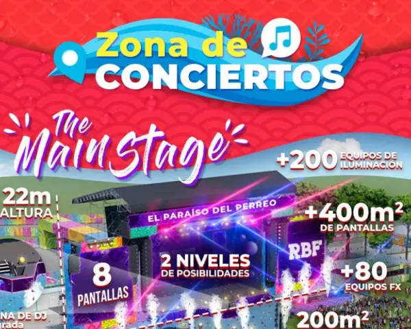 El cartel anuncia la Zona de Conciertos del Reggaeton Beach Festival Madrid, destacando "The Main Stage" con 22m de altura, pantallas, iluminación y efectos.