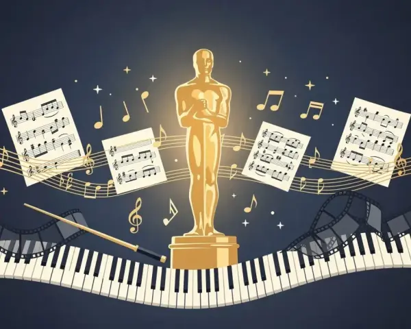 Estatuilla dorada rodeada de partituras, notas musicales, un piano, carretes de película y una batuta. Celebrando a los oscar a la mejor banda sonora ganadores y nominados.