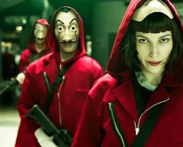 Personajes de **bso la casa de papel** con monos rojos y máscaras de Dalí, listos para la acción.