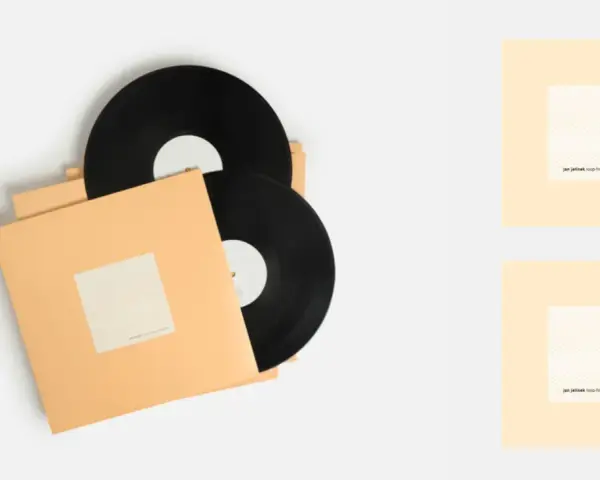 Dos discos de vinilo negros en fundas naranjas. El arte de portada muestra "-scape" y "jan jelinek loop-finding-jazz-records".