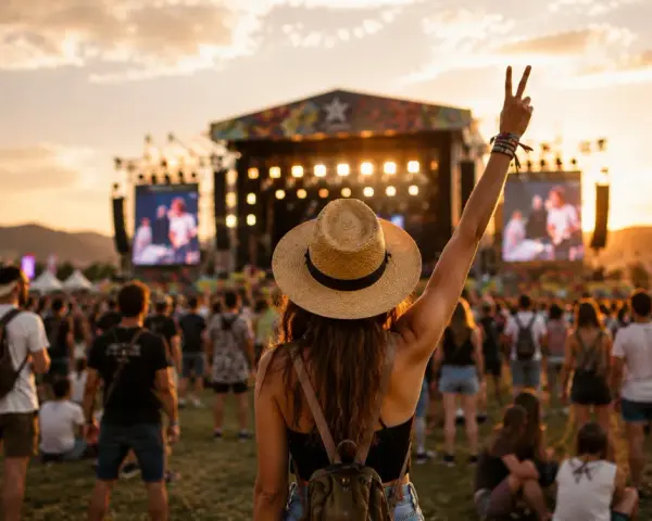 Una chica con sombrero levanta la mano en señal de paz en un festival al atardecer. La multitud disfruta de la música bajo el cielo dorado.