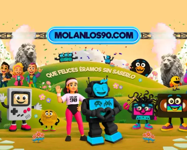 Personajes icónicos de los 90, como un teléfono rojo y una consola portátil, celebran en un festival. ¡Qué felices éramos sin saberlo! Molanlos90.com.