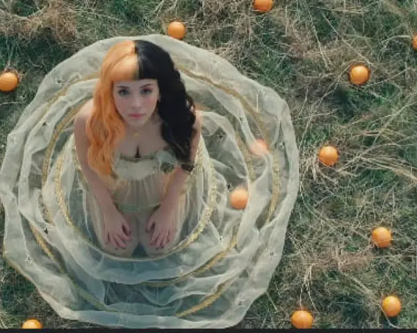 Melanie Martinez, con su icónico cabello mitad naranja y mitad negro, rodeada de naranjas en un campo. ¡Atentos a los próximos eventos de Melanie Martinez!