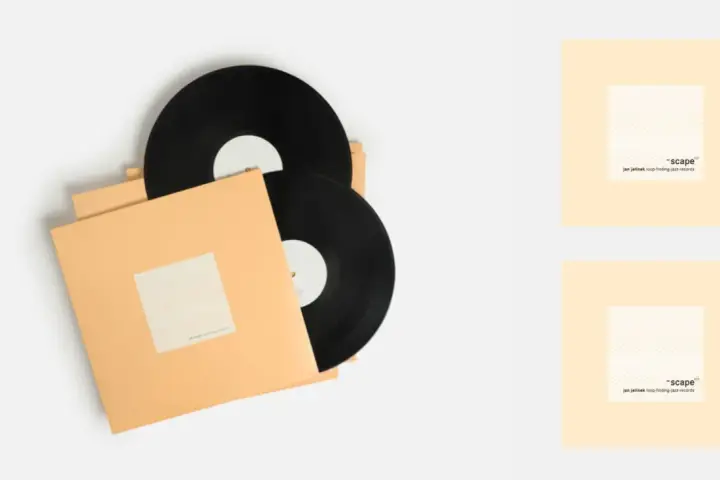 Dos discos de vinilo negros en fundas naranjas. El arte de portada muestra "-scape" y "jan jelinek loop-finding-jazz-records".