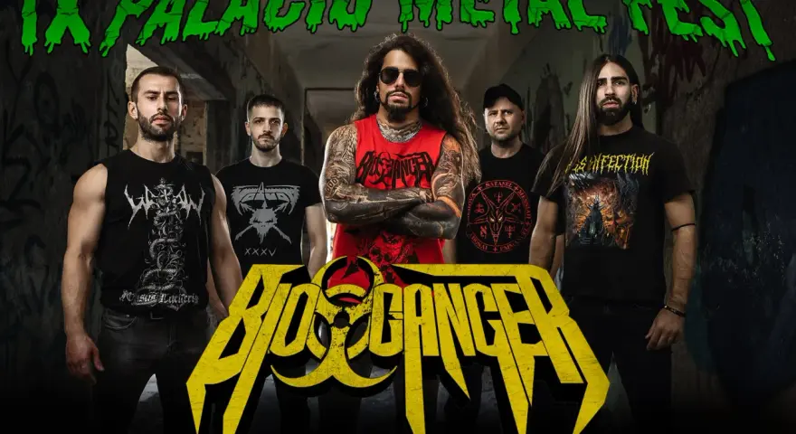 Cinco músicos posan frente a un fondo de graffiti para el IX Palacio Metal Fest. El logo de "Biohazard" destaca en amarillo.