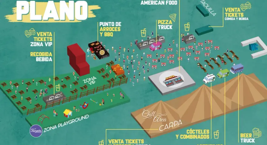 Mapa de Rita's: zona VIP, puntos de comida, área chill out y más. ¡Ideal para disfrutar de los conciertos 1 mayo Madrid!