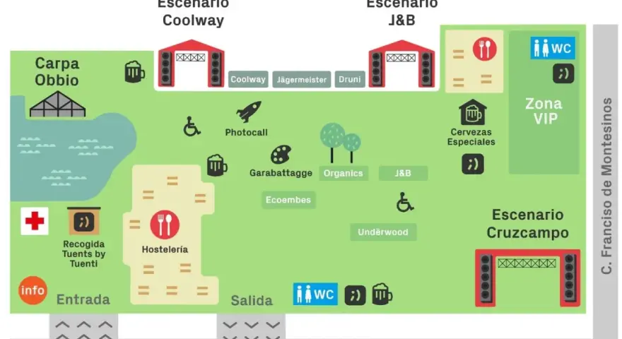 Mapa de un festival con escenarios, zona VIP, hostelería, photocall y un cartel interestelar que indica la entrada.