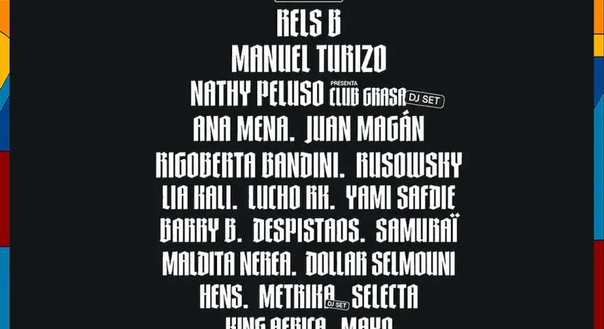 Cartel de festival con nombres de artistas como Rels B, Manuel Turizo y Nathy Peluso. ¡Prepárate para un big sound Valencia!