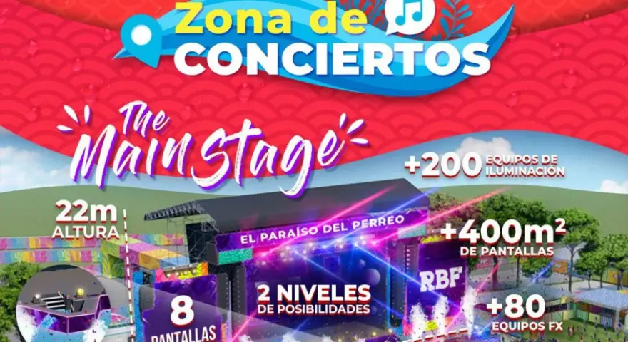 El cartel anuncia la Zona de Conciertos del Reggaeton Beach Festival Madrid, destacando "The Main Stage" con 22m de altura, pantallas, iluminación y efectos.
