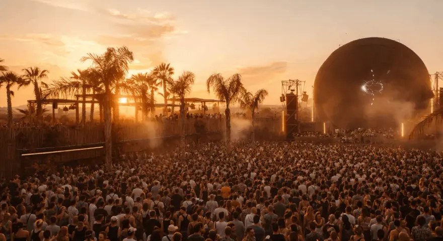 Multitud en el festival Sophie, disfrutando del atardecer con palmeras y una gran esfera como escenario.