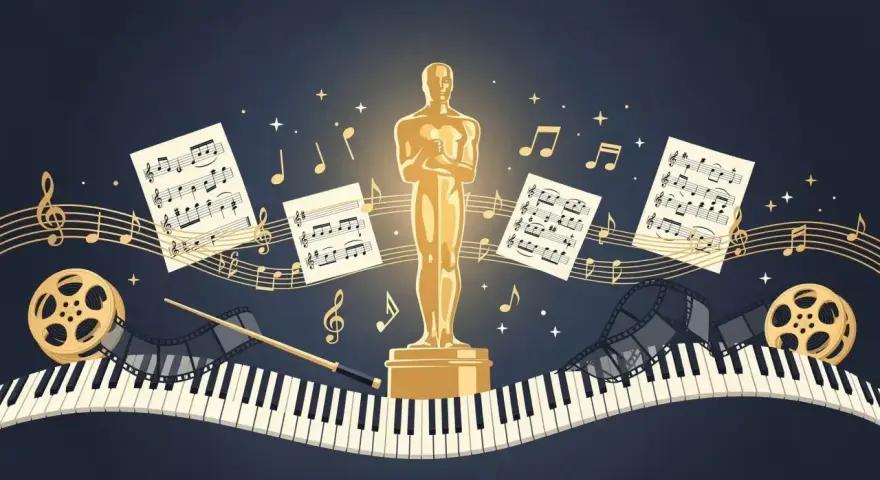 Estatuilla dorada rodeada de partituras, notas musicales, un piano, carretes de película y una batuta. Celebrando a los oscar a la mejor banda sonora ganadores y nominados.