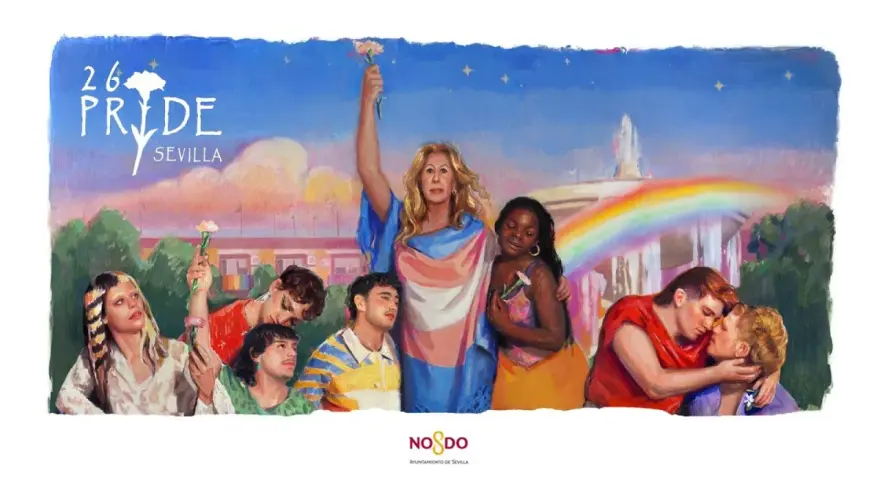 Cartel del alameda festival Pride Sevilla 2024. Diversas personas celebran con flores y banderas, unidas bajo un arcoíris.