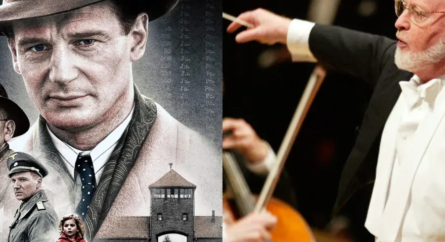 Liam Neeson como Oskar Schindler, una niña con abrigo rojo y la puerta de Auschwitz, junto a John Williams dirigiendo la banda sonora de La Lista de Schindler.