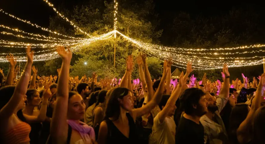 Gente disfrutando en el festival Ewan Salinas bajo un cielo de luces.