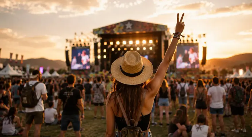 Una chica con sombrero levanta la mano en señal de paz en un festival al atardecer. La multitud disfruta de la música bajo el cielo dorado.