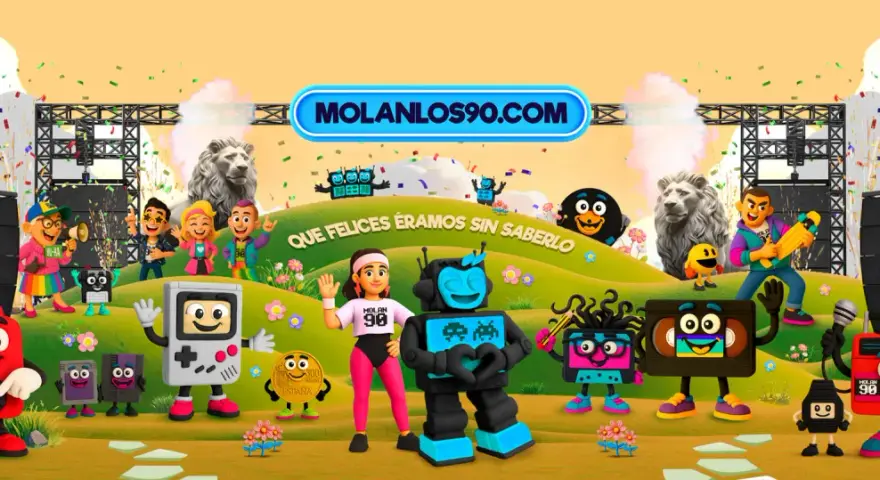 Personajes icónicos de los 90, como un teléfono rojo y una consola portátil, celebran en un festival. ¡Qué felices éramos sin saberlo! Molanlos90.com.