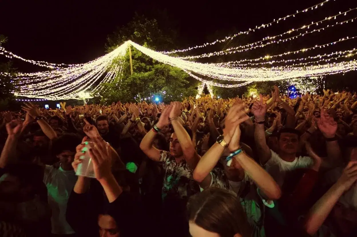 Multitud en concierto bajo luces festivas, manos al aire, disfrutando de las canciones para un día ewan.