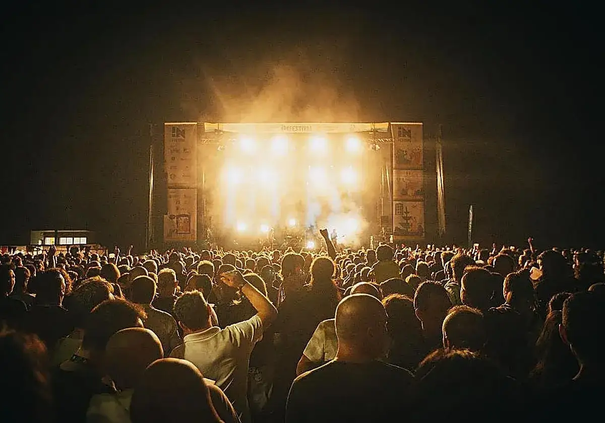 Multitud vibrante en un concierto nocturno, luces brillantes y humo llenan el escenario del rebel fest.