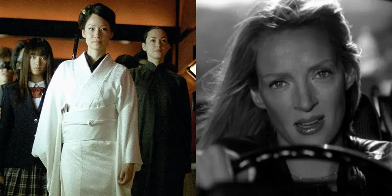 La banda sonora de Kill Bill resuena con la mirada intensa de Uma Thurman al volante y la imponente presencia de Lucy Liu.